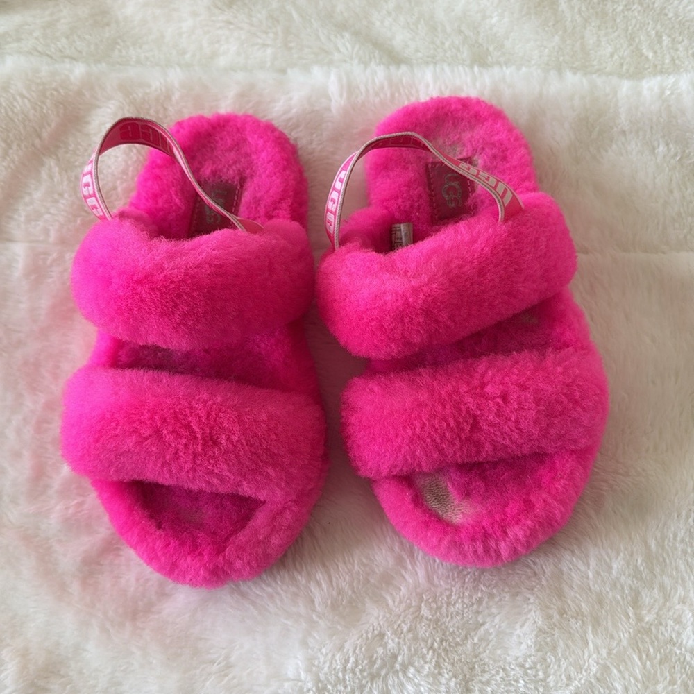 Ugg pink Oh Yeah fluffy slide slippers size girls 13 - Picture 3 of 8